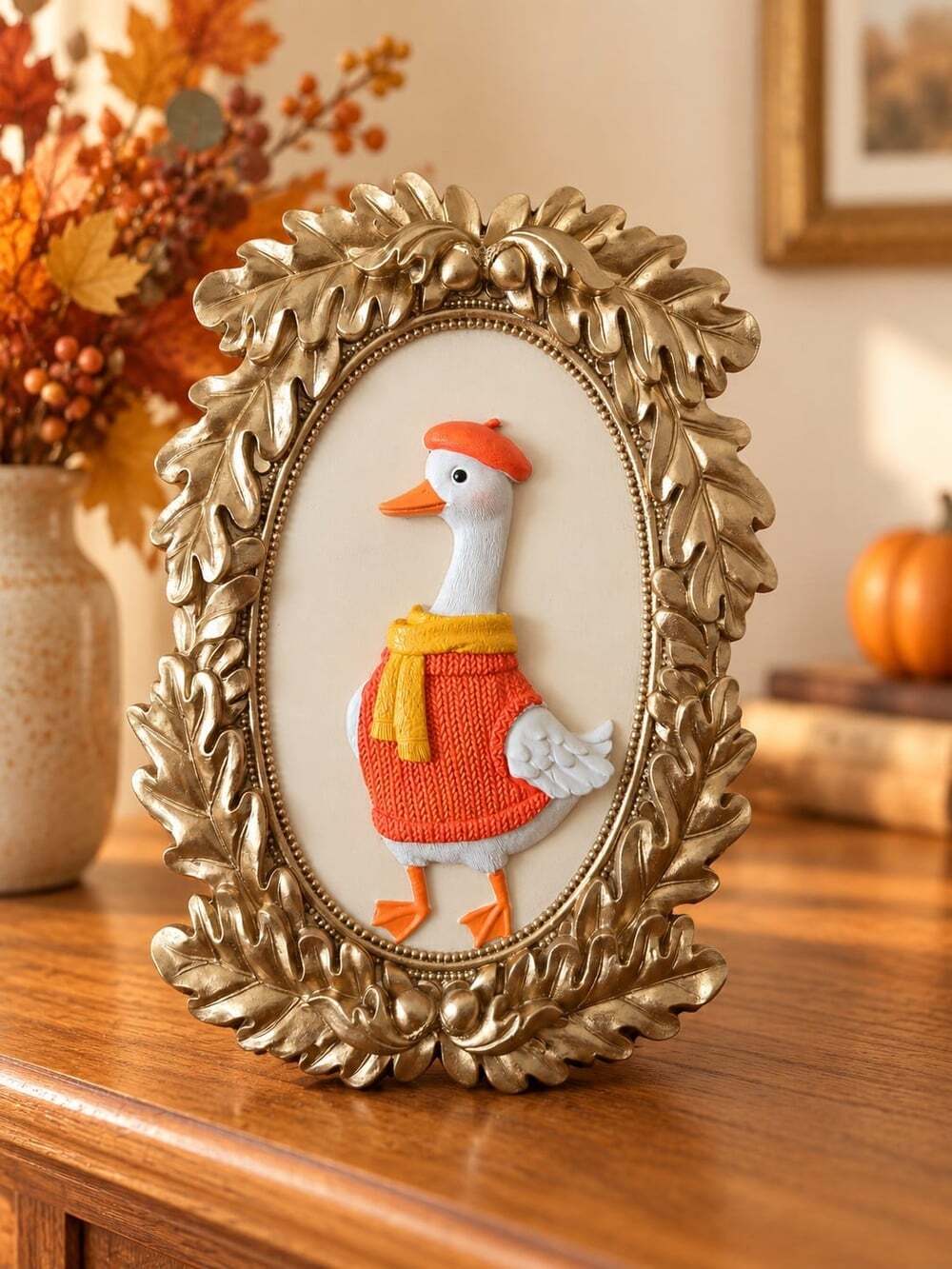 New Framed Fall Duck Thanksgiving Orange Sweater Frame Picture Tabletop Decor
